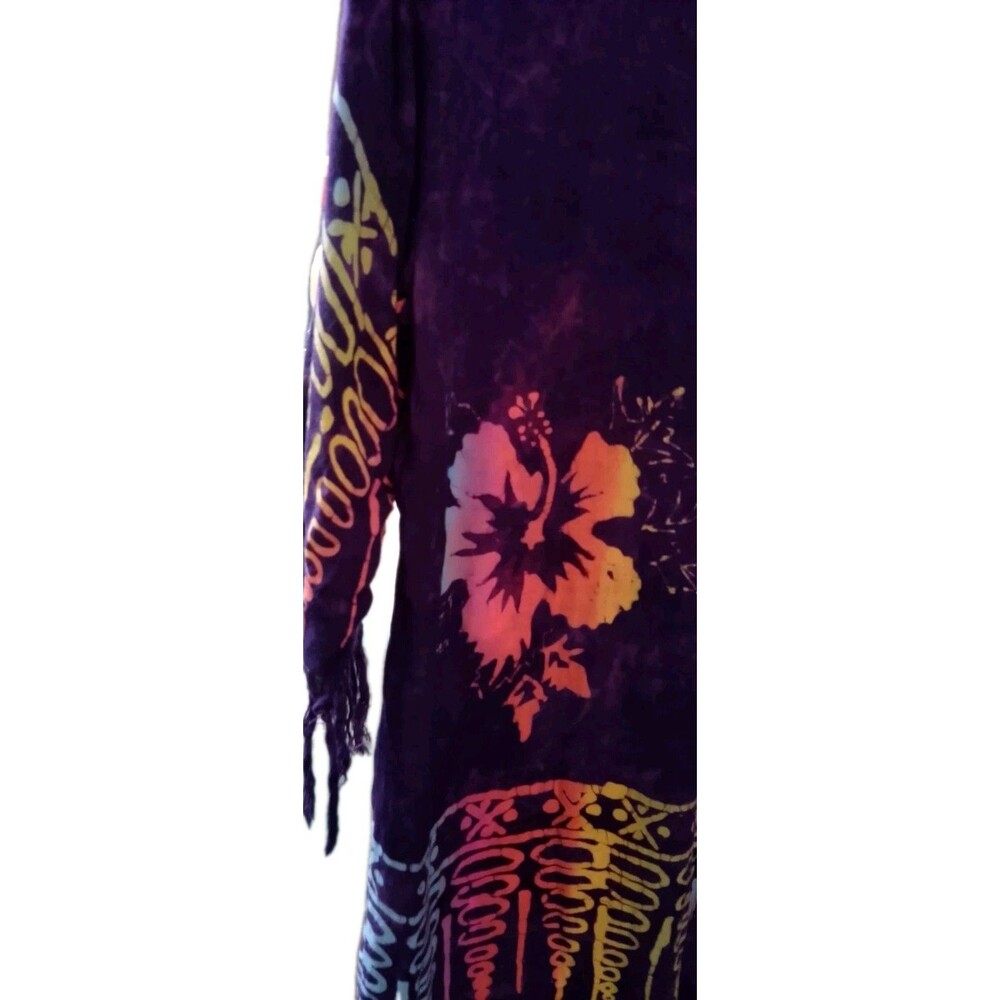 Handmade Indonesian Batik Rayon Fringe Cardigan Hibiscus Floral Cover Up Medium - Picture 5 of 11